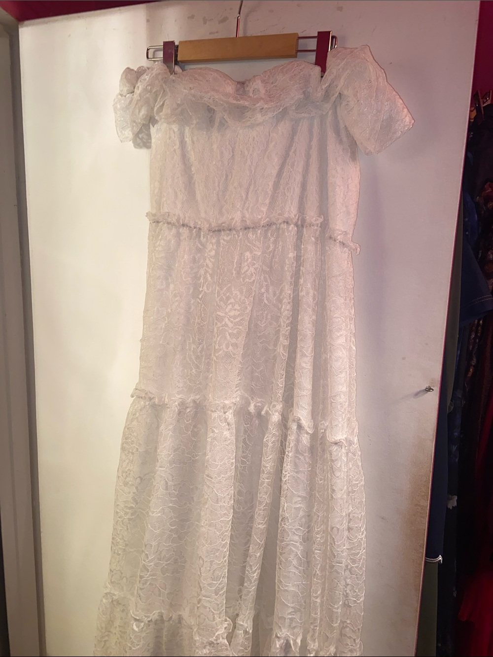 SHEIN White Lace Off-Shoulder Tiered Maxi Dress